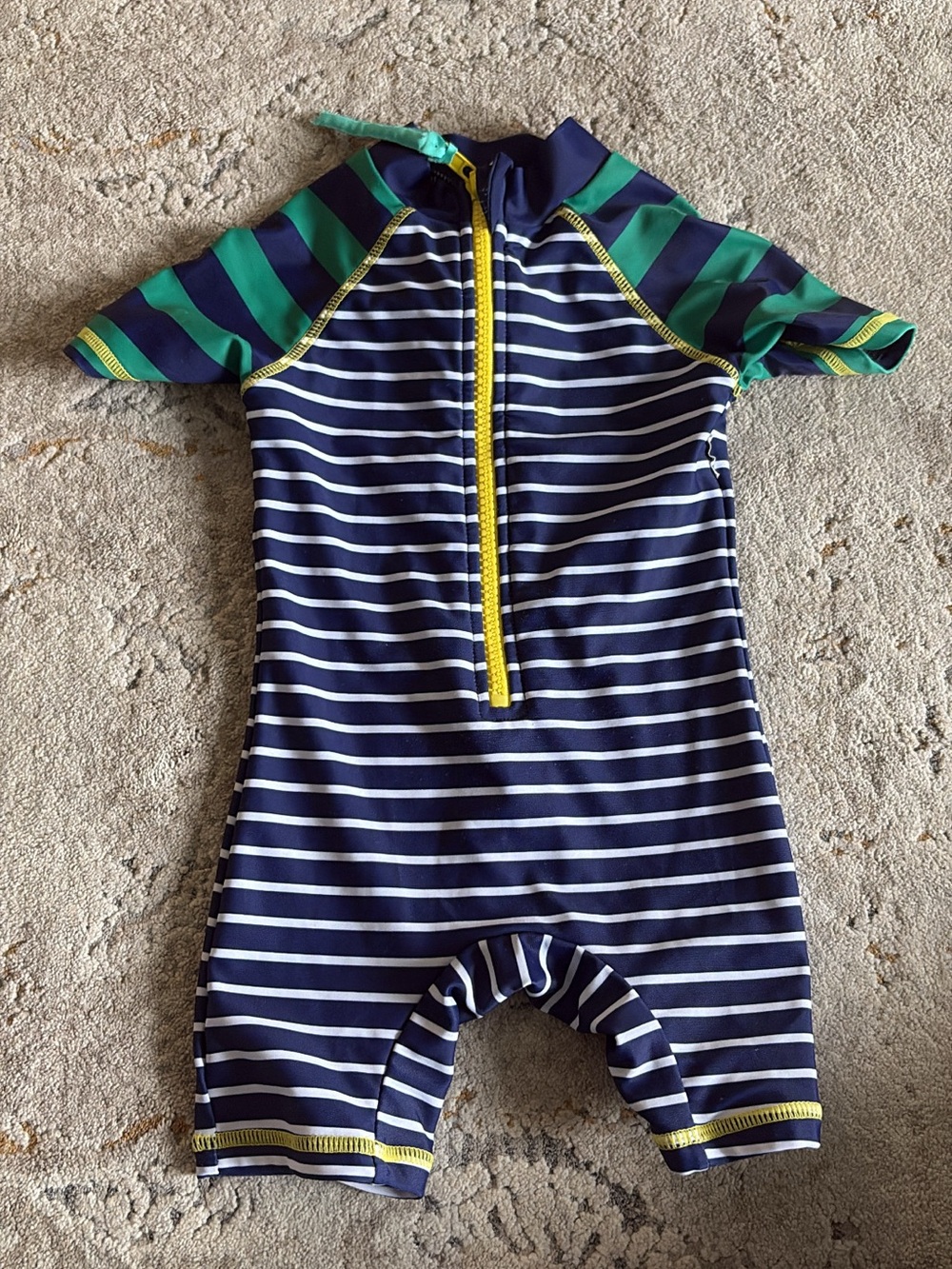 Swim, Kids Navy Stripe Short Sleeve Swim Romper with Green Accents